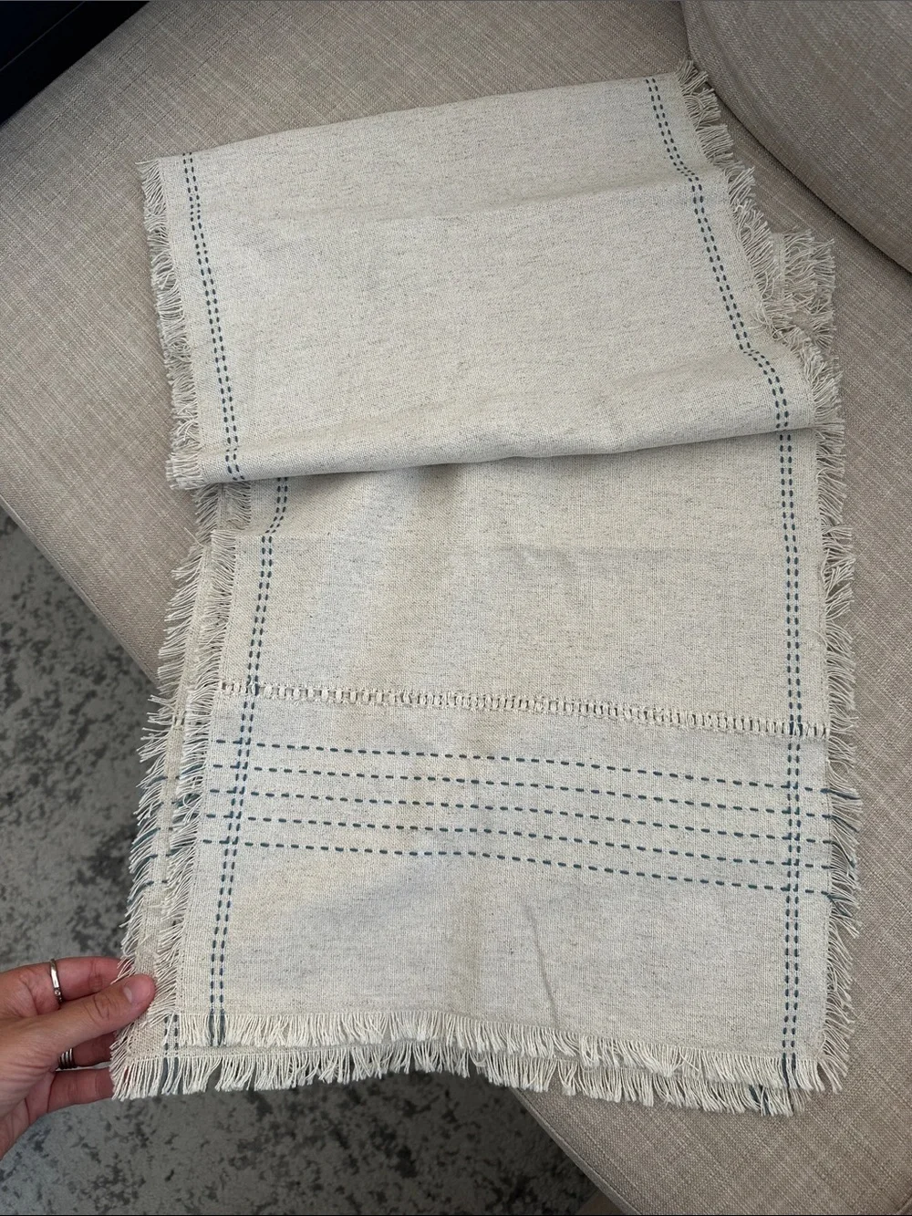 14” x 72” Natural Leno Weave Table Runner with Blue Accent